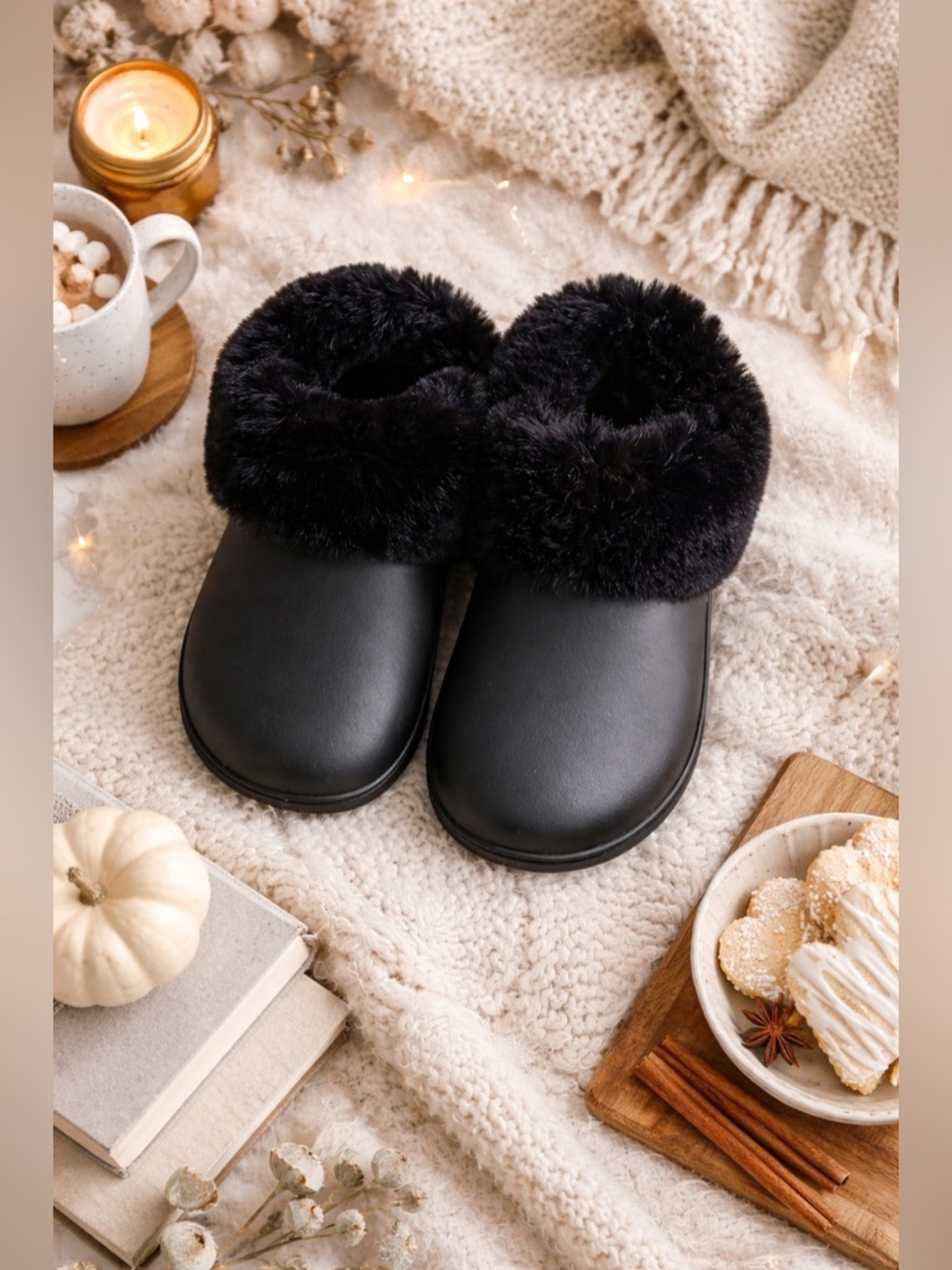 Totes Black Faux Fur Clog Slippers Women’s Size 6 Cozy Indoor Outdoor